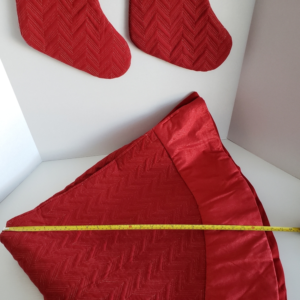 3 piece Christmas Tree skirt & two Stockings red xmas